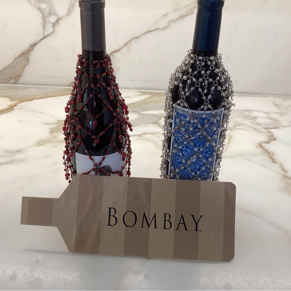 2 Vintage BOMBAY beaded wine bottle covers, one red & one white